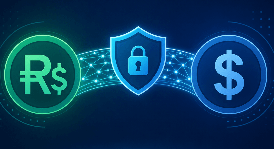 Digital shield protecting dollar and Brazilian real symbols representing currency protection with stablecoin