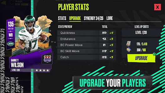 NFL Rivals game card of Garrett Wilson, showing player stats, upgrade options, and progress for improving football strengths in the game.