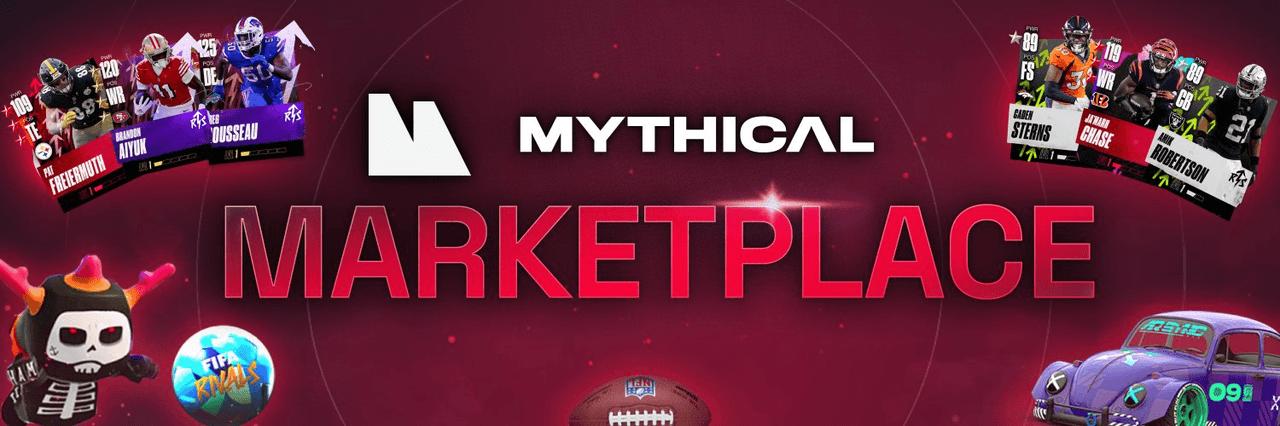 Mythical Marketplace banner with NFT player cards from NFL Rivals, FIFA Rivals, in-game assets, and digital collectibles for Web3 games.