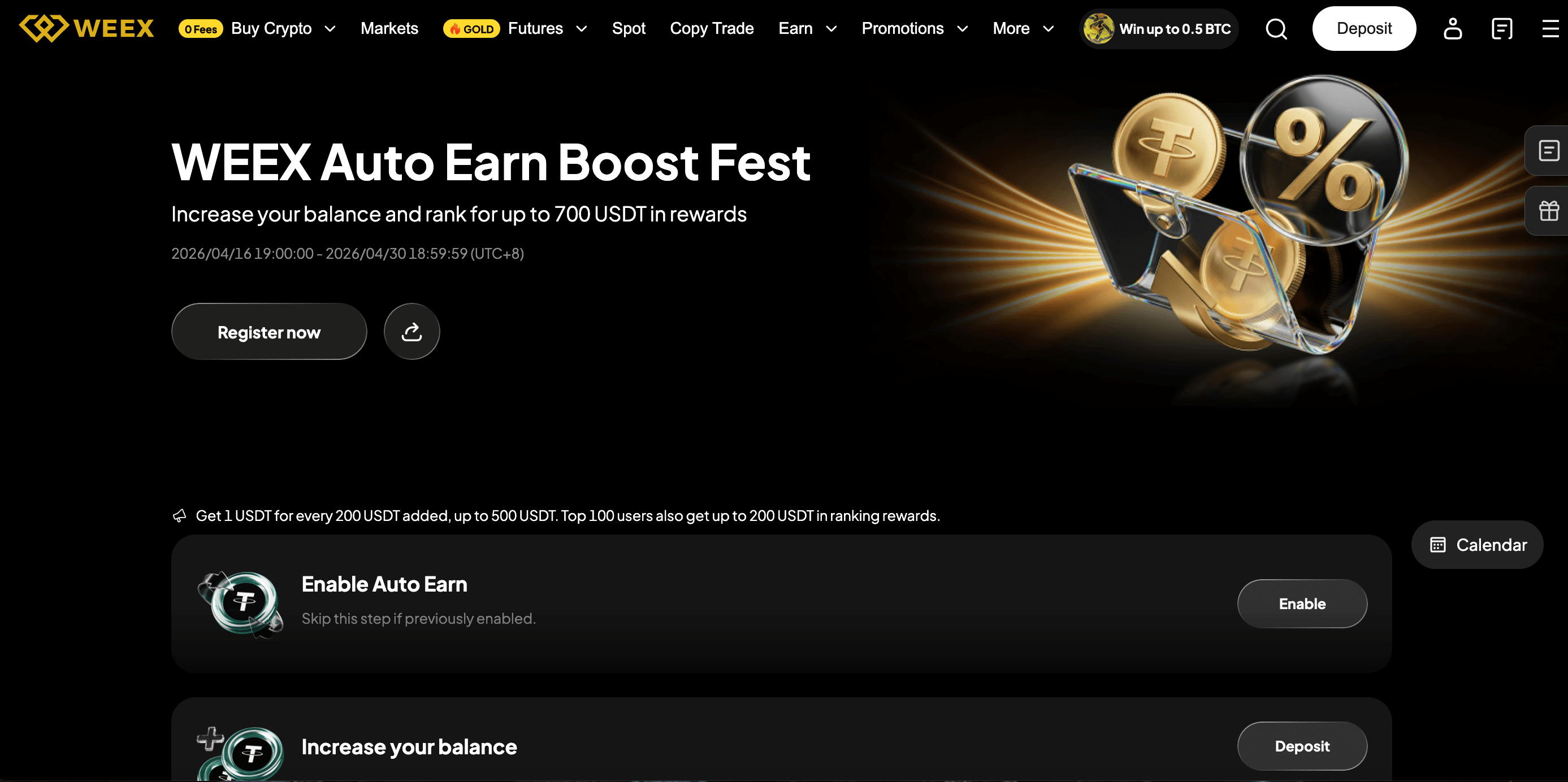 جشنواره افزایش امتیاز خودکار WEEX: فقط با افزایش موجودی خود، تا ۷۰۰ USDT کسب کنید